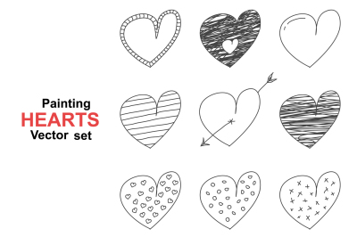 Set of hand drawn painting hearts.