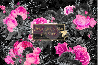 Fuchsia Black and Silver Floral Clipart