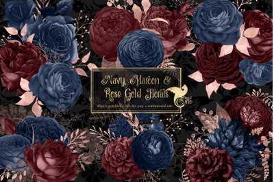 Navy Maroon and Rose Gold Floral Clipart