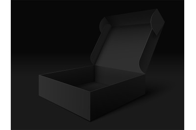 Black packaging box. Empty open dark package template&2C; cube pack and b