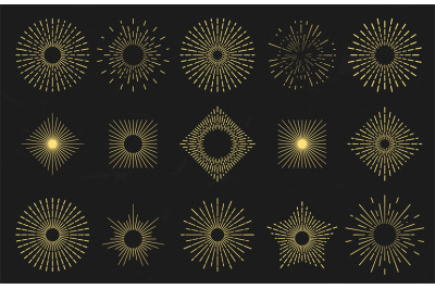 Golden sunburst. Radiant sun flame, sunburst rays border and retro shi