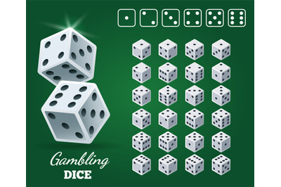 Gambling dice set on green background