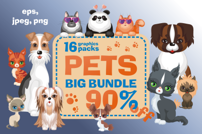 Pets Bundle. Cliparts and seamless patterns