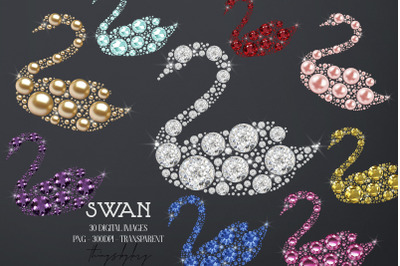 30 Diamond Pearl Gemstone Rhinestone Swan Digital Images PNG