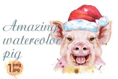 Watercolor portrait of pig in Santa hat