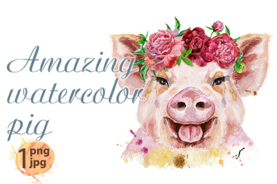 Watercolor portrait of pig with flowers