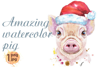 Watercolor portrait of pig in Santa hat