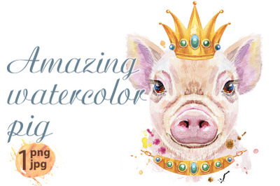 Watercolor portrait of pig with golden crown