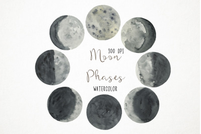 Watercolor Moon Phases Clipart, Moon Phases Illustration