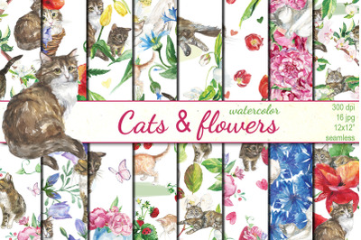 Watercolor Cats and Flowers seamless patterns