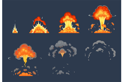 Cartoon bomb explosion animation. Exploding animated frames&2C; atomic ex