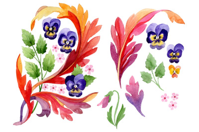 Ornament with pansies Watercolor png