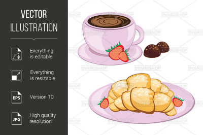 Coffee in round mug and croissant