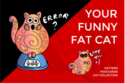 Funny fat cat. Postcards, objects, pattern