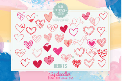 Hearts Colored | Hand Drawn Romance Bundle | Scribble Doodles