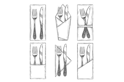 Cutlery on napkins set sketch