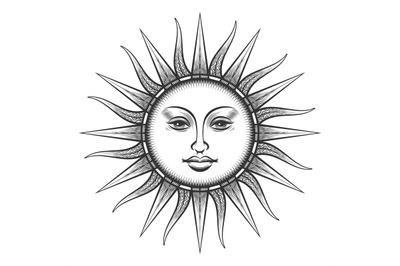 Engraved sun antique face symbol