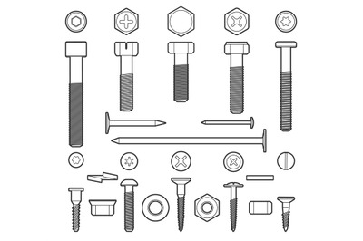 Metal fasteners line icons set