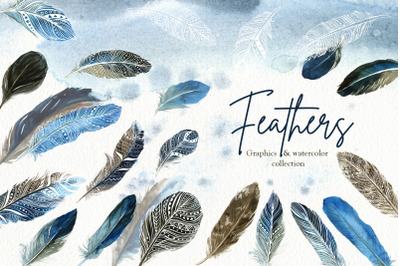 Feathers. Graphics &amp; watercolor set