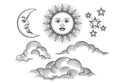 Retro engraved moon, sun celestial faces