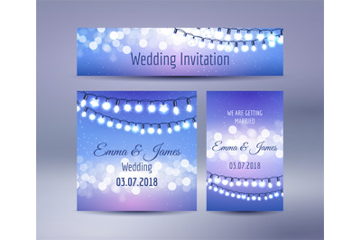 Lights bokeh and garlands wedding cards