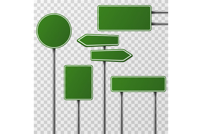 Realistic blank green street and road signs isolated vector set