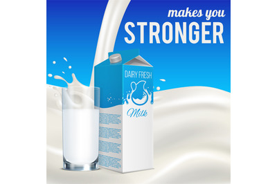 Milk advertising concept. Realistic milk box with cup on blue backgrou