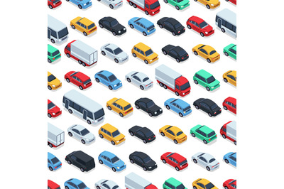 Urban cars seamless texture. Vector background. Isometric cars