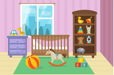 Cartoon childrens room interior with kid toys vector illustration