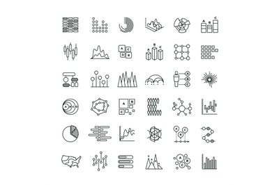 Statistics business graphs and charts outline vector icons. Financial