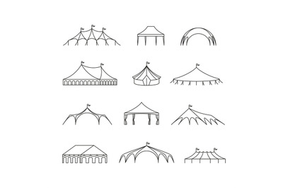 Event and wedding outdoor marquee tents vector line icons