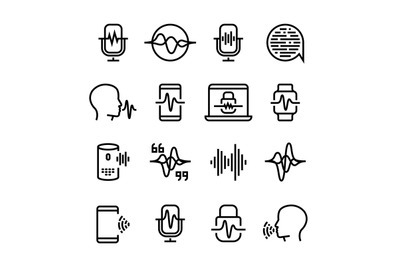 Voice and speech recognition, cellular network vector icons. Mic comma