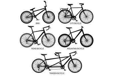 Bike types vector black silhouettes. Road&2C; mountain&2C; tandem bicycles i