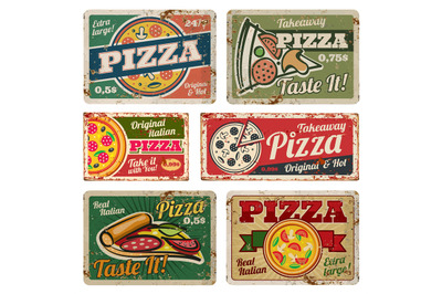 Vintage pizza metal signs with grunge texture vector set. Retro food p