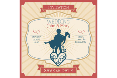 Wedding vector invitation card with just married bride and groom silho