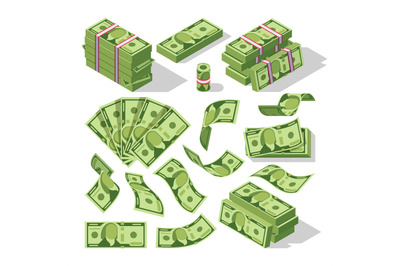 Cartoon money bills. Green dollar banknotes cash vector icons