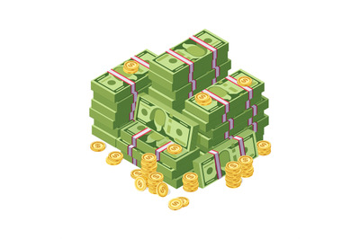 Huge pile of dollar cash money and golden coins vector illustration