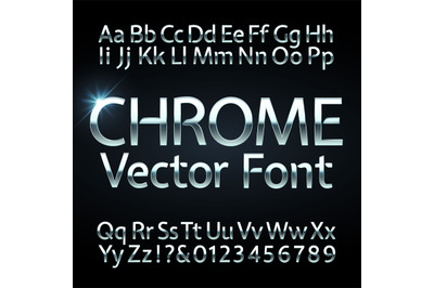 Chrome, steel or silver letters and numbers vector alphabet. Metallic