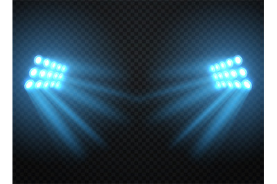 Stadium lights, shiny projectors isolated. Vector spotlight template