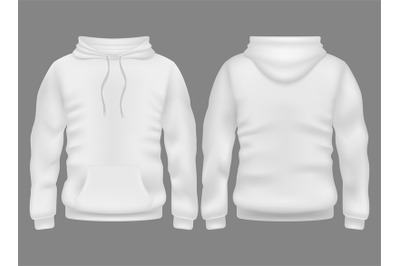 Men white blank hoodie in front and back view. Vector mockup isolated