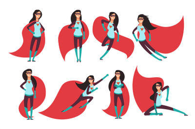 Comic superwoman actions in different poses. Female superhero vector c