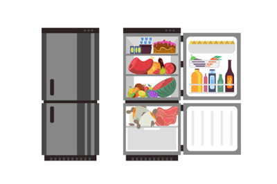 Open and close refrigerator. Kitchen fridge with food