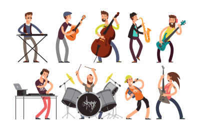 Rock n roll music band vector characters with musical instruments. Mus