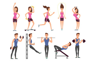 Fitness people vector cartoon characters set. Women and men athletes m