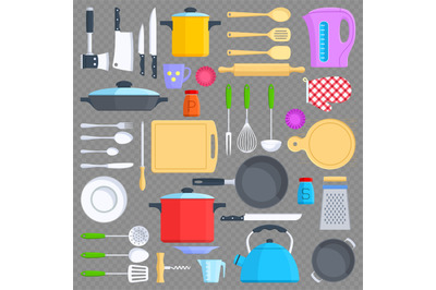 Kitchen tools, cookware and kitchenware flat icons