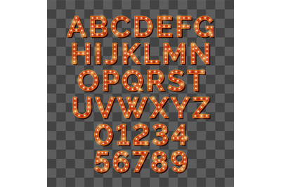 Retro light bulb bright alphabet isolated on transparent background