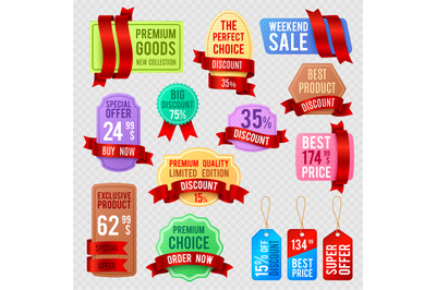 Sale and discount price tags, ribbon banners