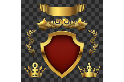 Golden vector heraldic elements. Kings crowns&2C; banners