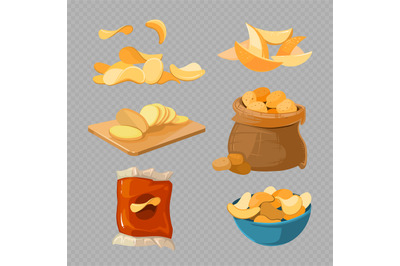 Salty fried potato chips snacks isolated on transparent background