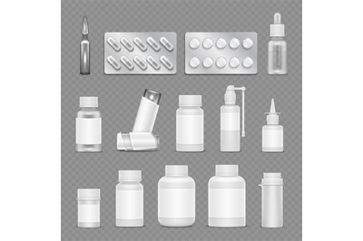 White blank medicine pharmaceutical packaging vector mockups isolated